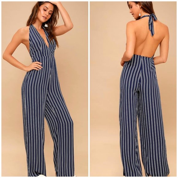 Jack by BB Dakota Pants - NWT BB Dakota Navy White Striped Halter Jumpsuit